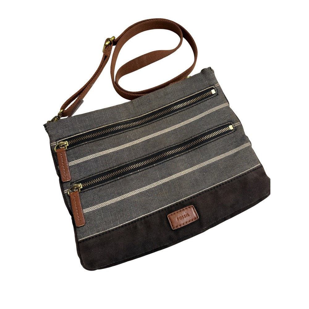 Fossil Crossbody Bag Brown Striped Canvas Multi-Pocket Gorpcore Grunge GUC